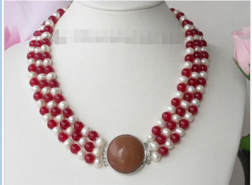 FREE ****Vogue 3strands 8mm red stone white Pearl Necklace (A0511) | Украшения и аксессуары