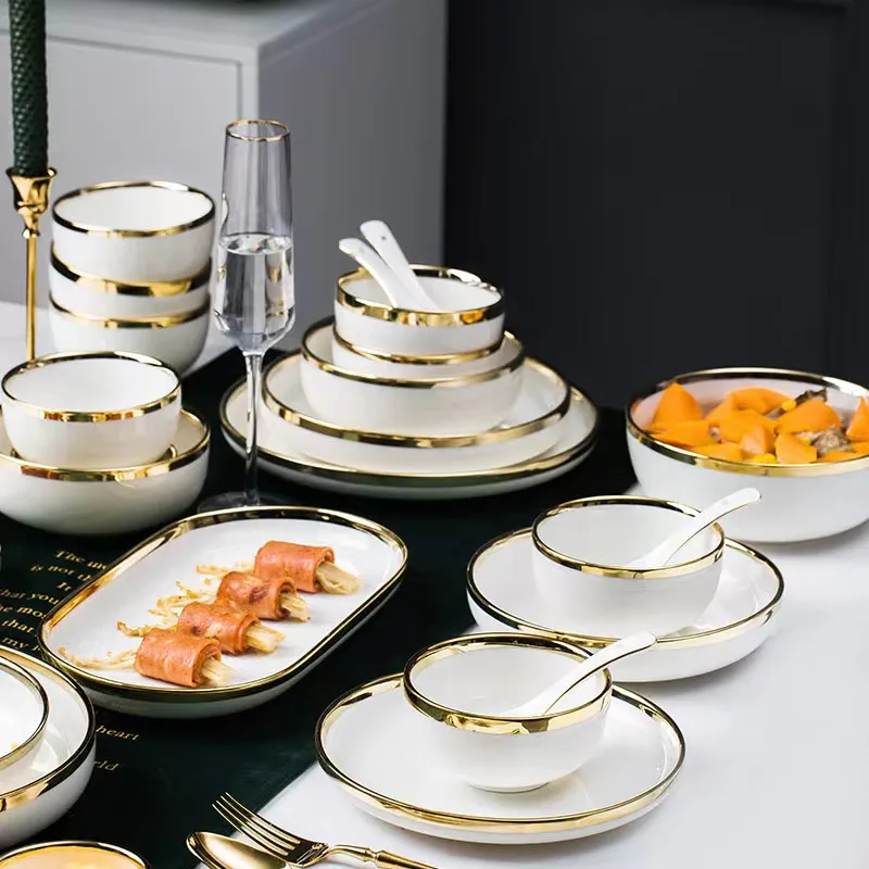Bright Gold Rim White Porcelain Kitchen Dinner Plate Ceramic Tableware Food Dishes Rice Salad Noodles Bowl 1pcs