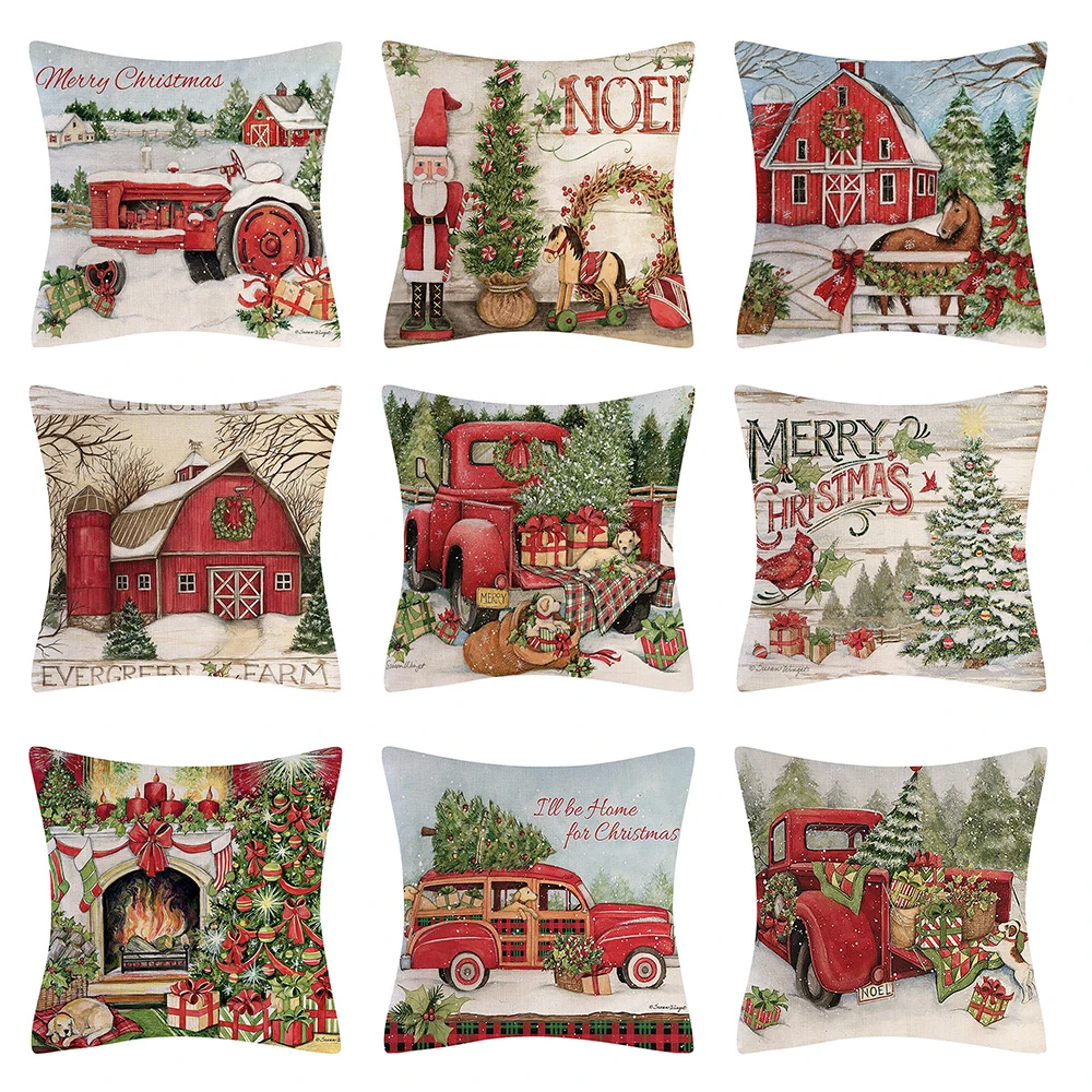 Fundas cojines con diseños navideños 45x45 cm granja decoración navideña de árbol coche casa almohada Santa Claus cubierta invierno vacaciones funda de almohada|Funda de cojín| - AliExpress