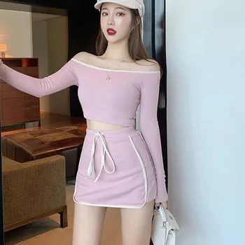 

Casual Slash Neck Long Sleeve Short Top + High Waist Short Skirt Two-piece Set Women Shirt Skirts Suit