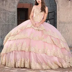 Платье принцессы Розовые платья Quinceanera Мексиканская расшитое золотистым кружевом аппликация сладкий 15 16 бальное платье Вечерние Тюль