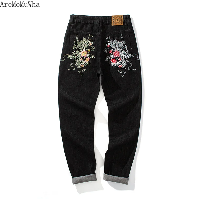 

2020 Autumn and Winter New Chinese Style Retro Dragon Embroidery Casual Black Straight Jeans Loose Trousers Men's Black Jeans