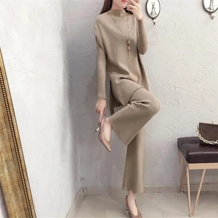 

Knitting Female Sweater Pantsuit For Women Two Piece Set Knitted Pullover Long Sleeve Bandage Top Wide Leg Pants Suit