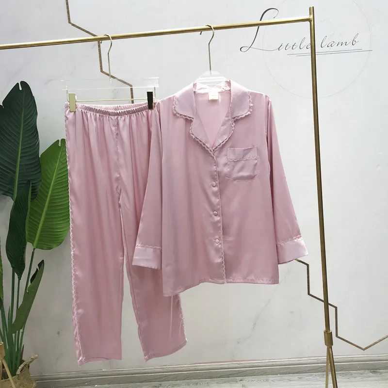 Осенний розовый Пижамный костюм из 2 предметов Женская атласная Домашняя одежда