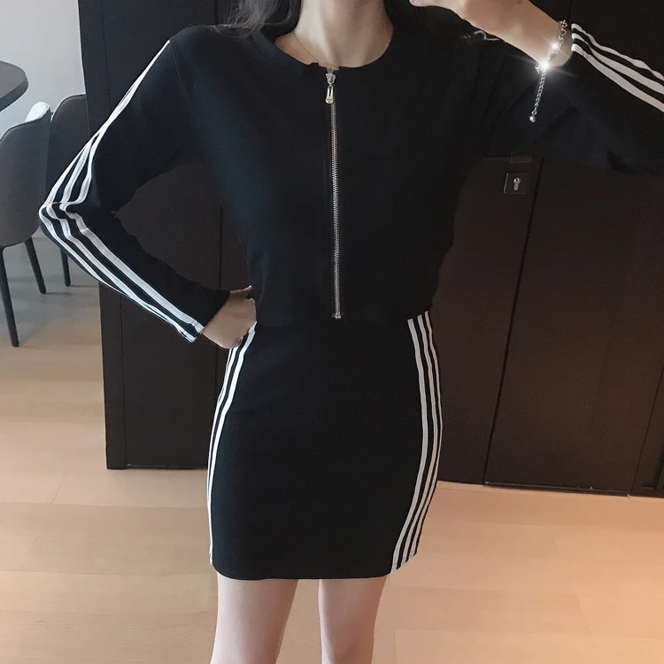

2020 round collar long sleeve short coat sling sleeveless striped dress suit female 2 piece set women