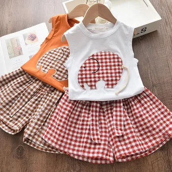 

2PC toddler girl clothes Children Baby Girls' Elephant Sleeveless Vest T-shirt + Plaid Short Pants Suit