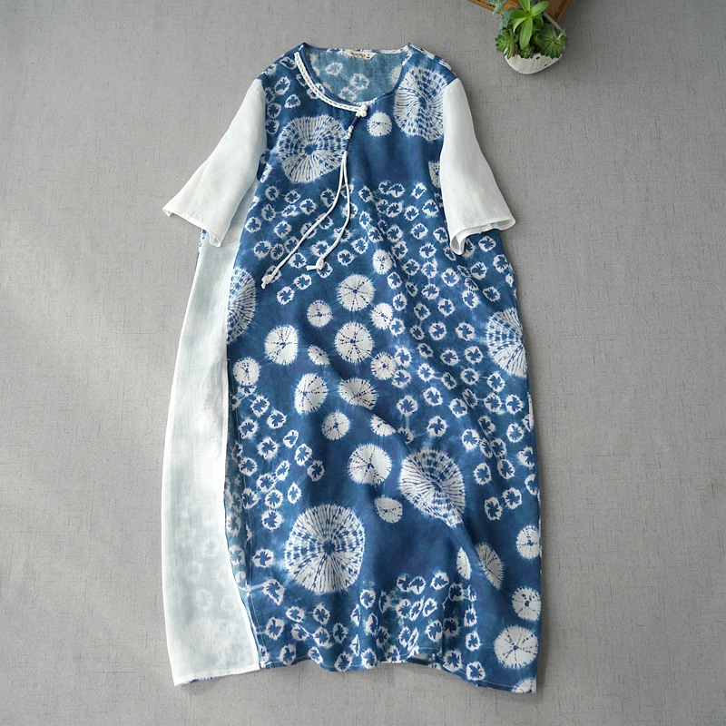 

Spring Summer New Arrivals Women Loose Plus Size Mori Girls Chinese Style Blue Print Comfortable Water Washed Thin Ramie Dresses