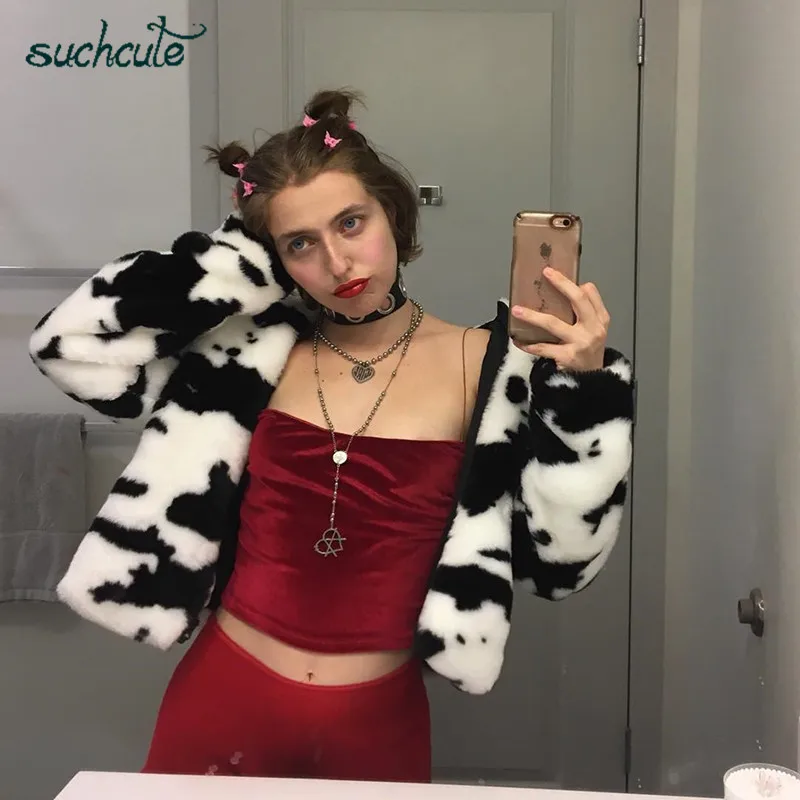 incredible  SUCHCUTE Fur Coats For Women Cow Print Teddy Jacket Modis Longslive Zipper Casual Warm Autumn Winte