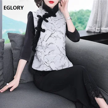 

2019 Autumn Winter Vest Jacket High Quality Women Vintage Jacquard Print Rabbit Hair Patchwork Sleeveless Parka Outerwear Coat