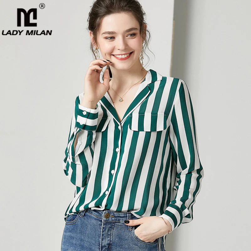 

100% Pure Silk Women's Runway Shirts Turn Down Collar Striped Long Sleeves Elegant Casual Blouse Shirt Tops