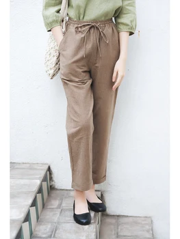 

CYNTHIA 2020 New Spring Women's Pants Female Linen Cotton Vintage Tied Stripe Ankle-length Trousers Chinese Original Design