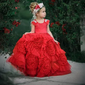 

New Puffy Hot Flower Girl Dress for Weddings Red Tulle Ball Gown Girl Party Communion Dress Pageant Gown with Cap Sleeves