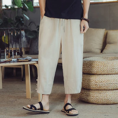 New Summer Cotton Linen Men's Chinese Style Loose Straight Harem Pants Wide Leg Lightweight Casual Calf-Length Trousers - Цвет: Khaki