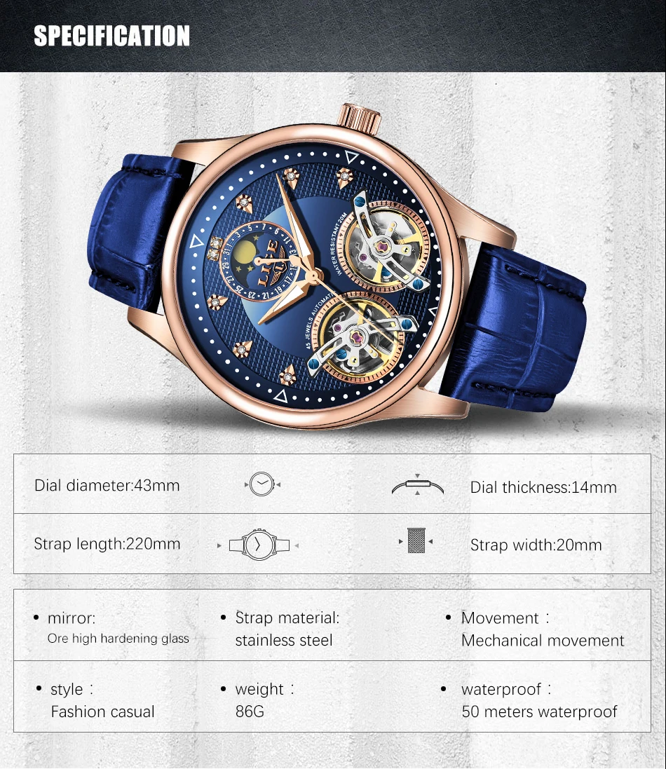 Reloj LIGE, двойной Tourbillon, швейцарские мужские часы, автоматические часы для мужчин, модные механические наручные часы с кожаным ремешком