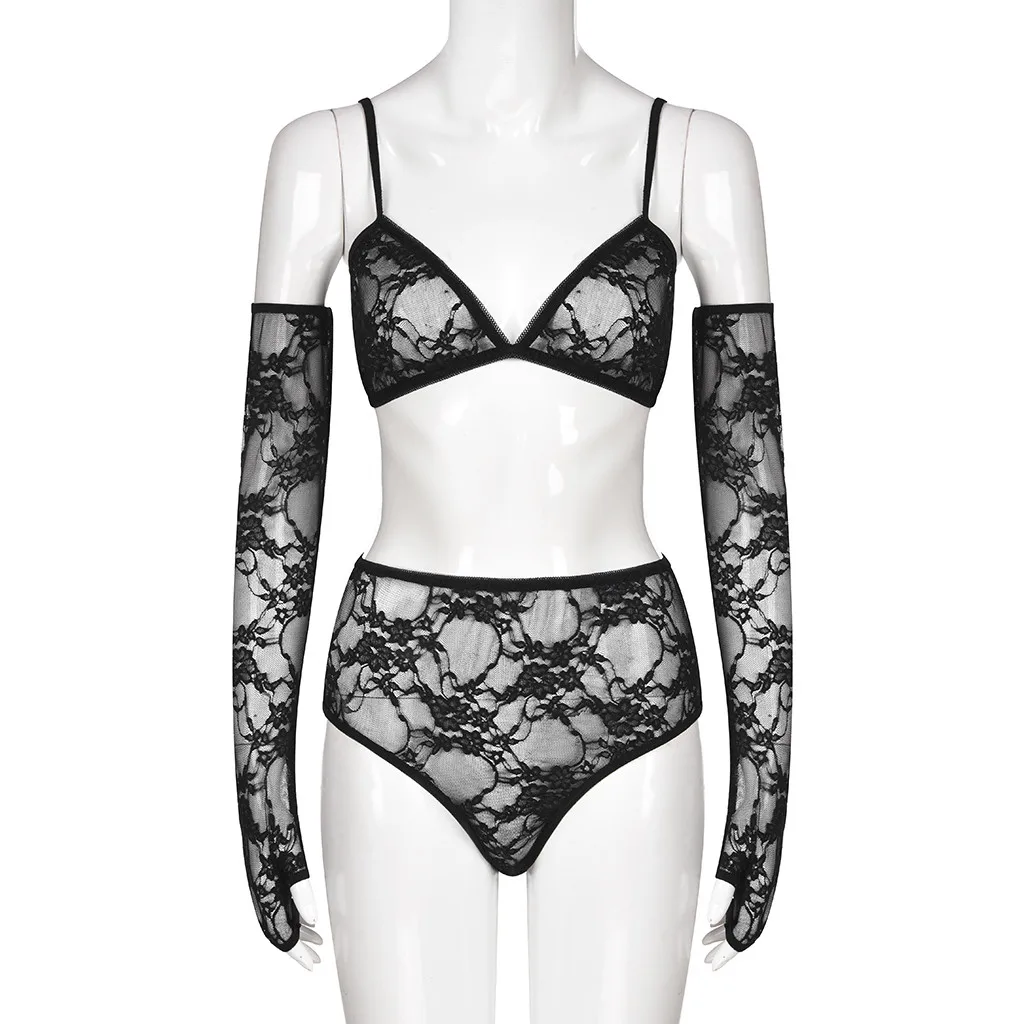 Черный Women's Lace erotic costumes Hollow Openwork Sexy Perspective lingerie bodysuit Three-piece Set with Lace mesh gauze sleeve - Цвет: Черный