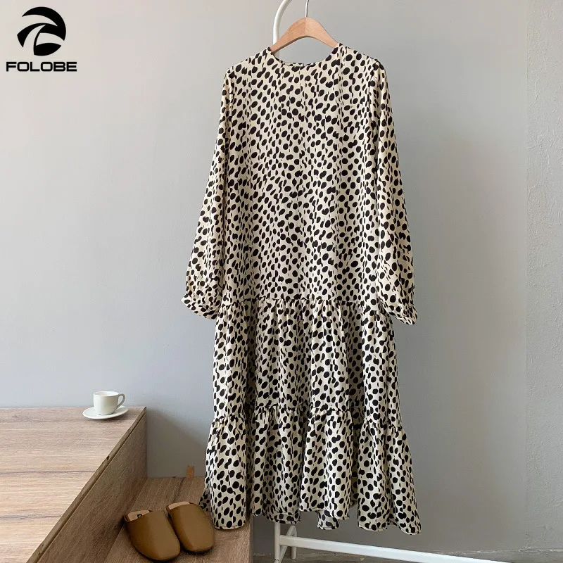 

FOLOBE 2019 Autumn Long Sleeve Chiffon Loose Dresses O neck Polka Dot Mid-calf Length Patchwork Women Dresses Vestidos
