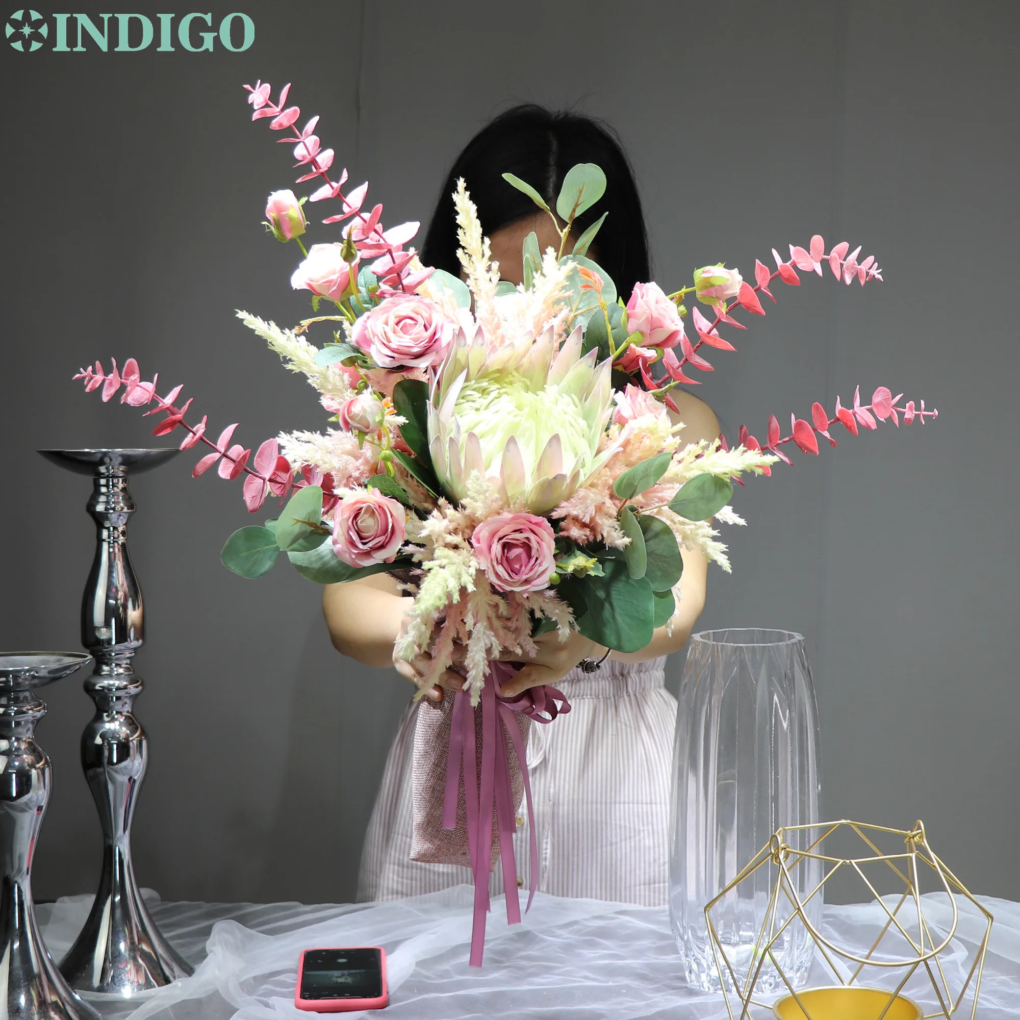 Розово-Индиго Protea Rose Astilbe Chinensis букет Искусственный цветок Свадебный невесты для
