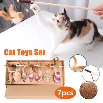 

7pcs Cheap Cat Toys interactive With Bells Elastic Rod Has a Funny Cat Mouse Rat Pumpkin Chick Feather Mascotas Cat Supplies