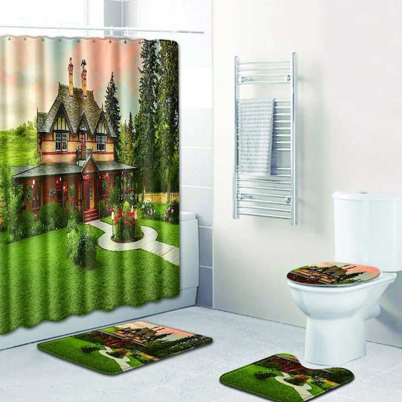 

3D Building Print Waterproof Shower Curtain Non-Slip Rug Carpet Toilet Seat Cover Pad Polyester Modern Bath Mat Home Decor