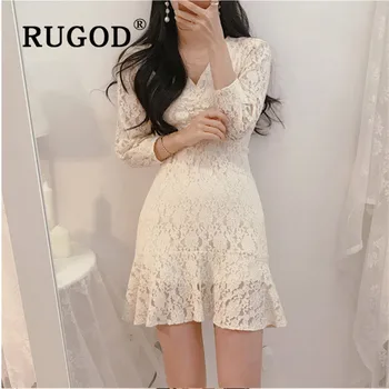 

RUGOD Elegant lace dress women fashion korean v neck puff sleeve mermaid dress 2020 spring summer mini dress vestidos
