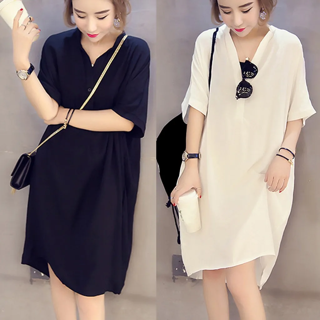 

Women Fashion Summer Solid Lady Elegant V-Neck Short Sleeve Shirt Dress Cotton Dress Vestidos Verano 2019#ss