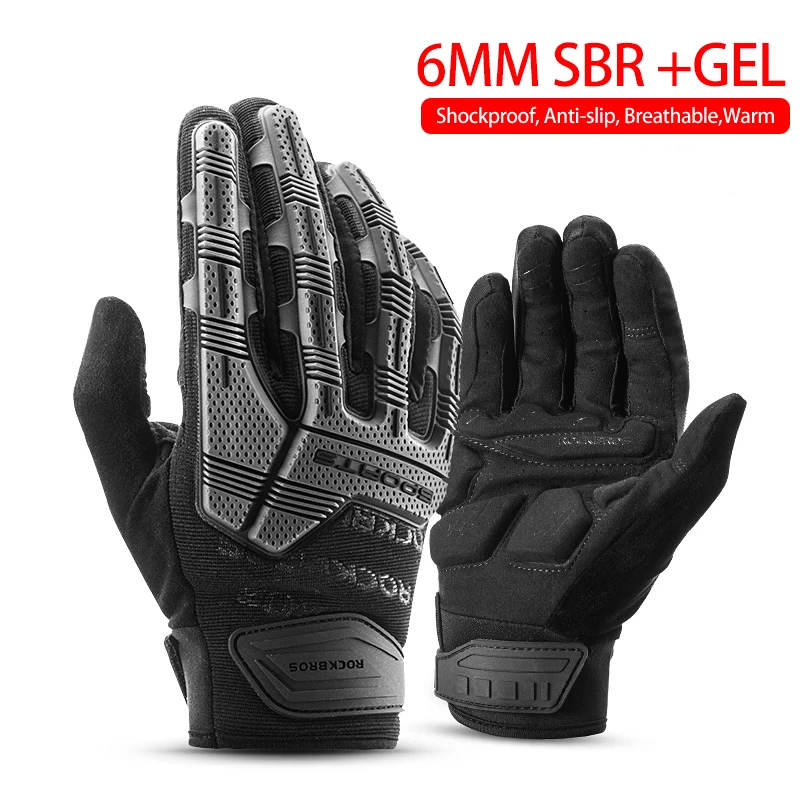 S210BK ROCKBROS, зимние перчатки для велоспорта SBR, плотные, противоударные, дышащие, гелевые, мужские, велосипедные перчатки, спортивные, женские, на полный палец, велосипедные, MTB перчатки - Цвет: S210BK