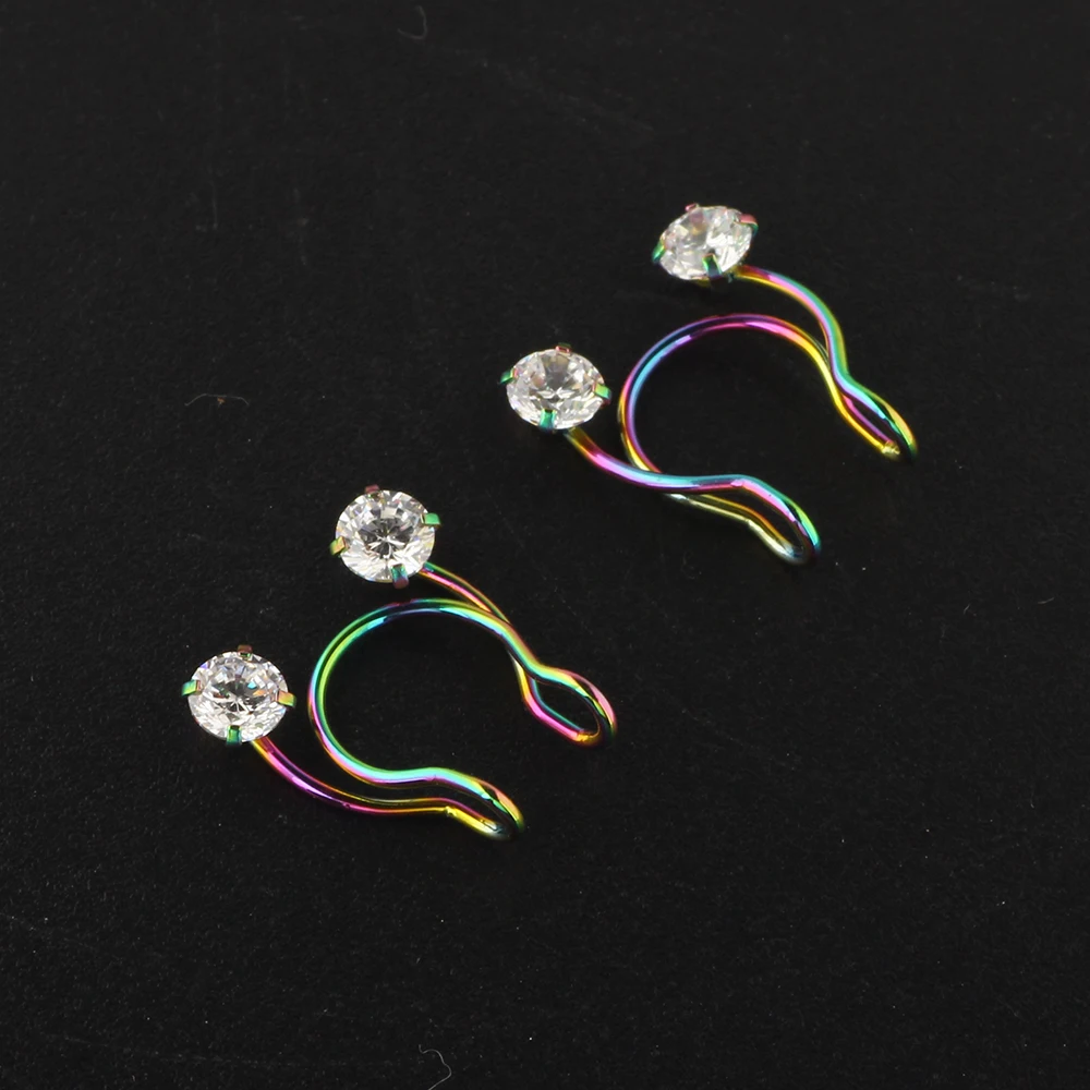 20g Nose Rings Stainless Cz Hoop Earring Hinged Segment Clicker Fake Septum Helix Stud Piercing Body Jewelry 50/100pcs 5 colors
