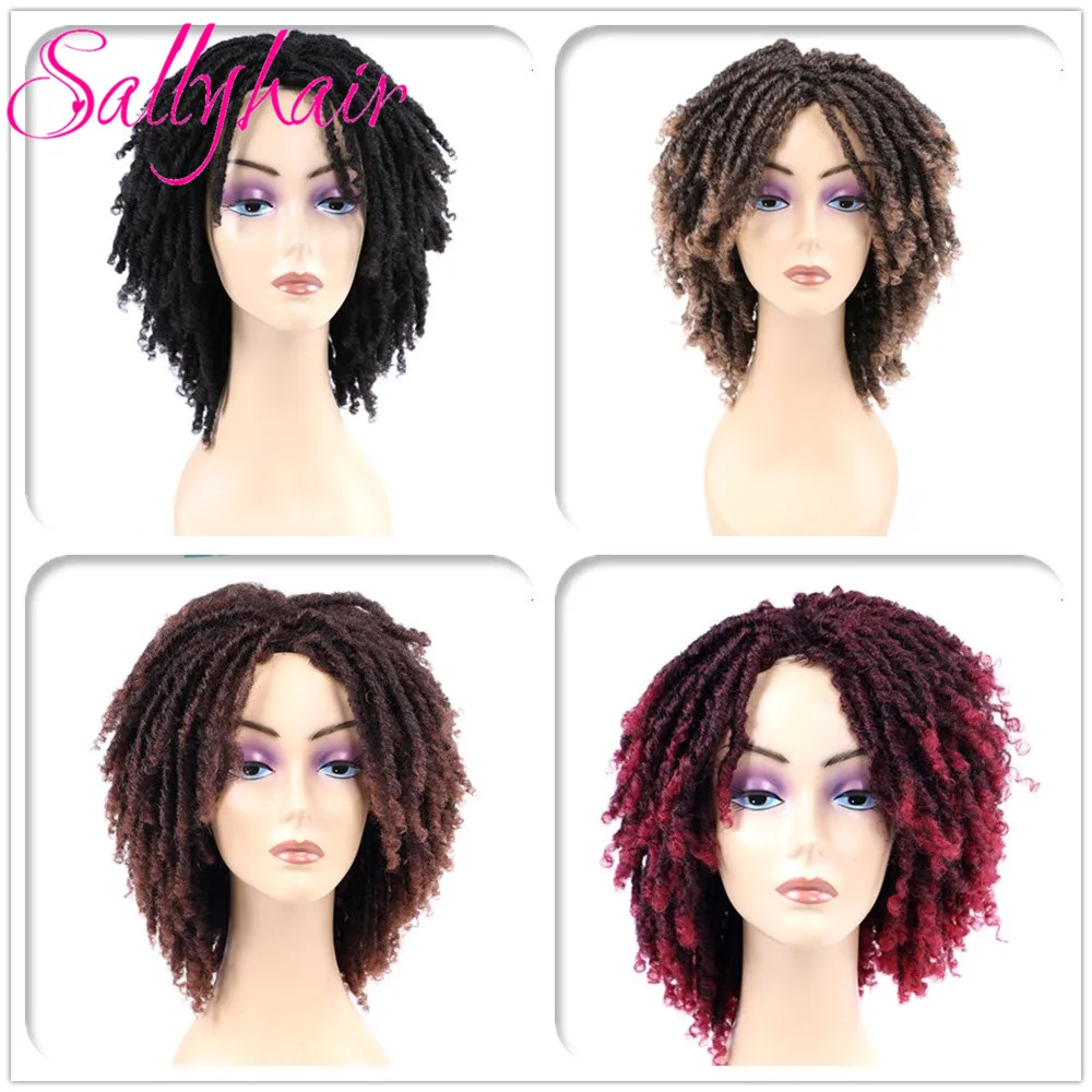 Dreadlock Hair Wig for Black Woman 14 inch Black Ombre Burgundy Brown Color Short Curly Faux Locs Braids Wigs (11)