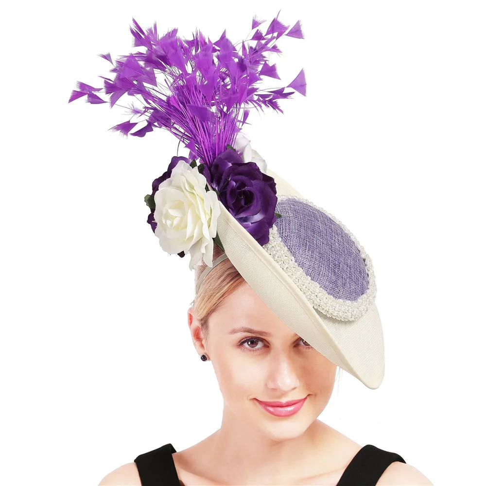 Великолепные дамы формальные свадебные ужин платье шляпы красивые millinery Гонки шляпы для женщин Лаванда женский лук очарование шляпа девушки