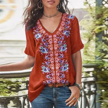 

Plus Size Womens Tops And Blouses Vintage Floral Print Feminine Blouse V-Neck Short Sleeve Top Female Casual Loose Women Tunic