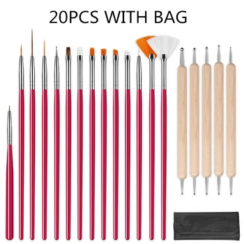 

20Pcs Nail Art Brush Liner Dotting Fan Design Acrylic Builder Flat Crystal Painting Drawing Carving Pen UV Gel Manicure Tool Set