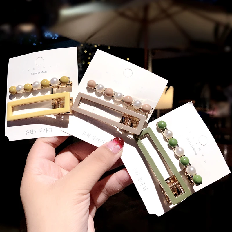

2PCS/Set New Women Cute Pearls Acrylic Rectangle Barrettes Hair Holder Headband Sweet Hair Clip Hairpin Fashion Hair Accessories