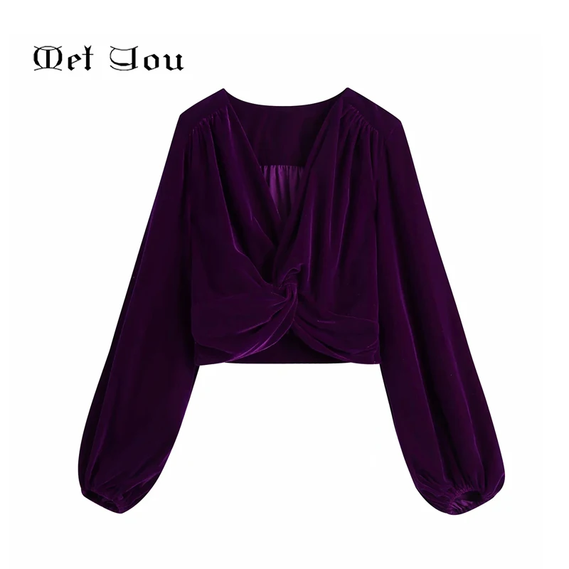

2020 Women's Autumn and Winter Knotted Lantern Sleeve Velvet Top Solid Color Long Sleeve V-Neck Fashion Elegant Crop Top MET092