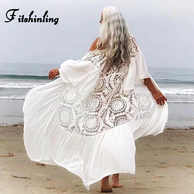 

Fitshinling Lace Chiffon Patchwork Beach Cover-Up Swimwear Hollow Out Sexy White Kimono Flare Sleeve White Boho Holiday Cardigan