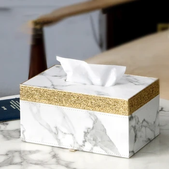 

Marble Golden Rim Tissue Box Desktop Paper Towel Holder Napkin Storage Container