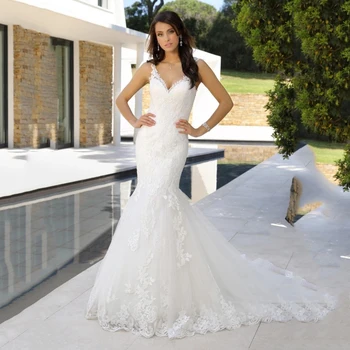 

Boho Mermaid Wedding Dress V Neck Lace Train Bridal Dress Appliques Robe De Marriage Wedding Party Gowns Vestido De Novia