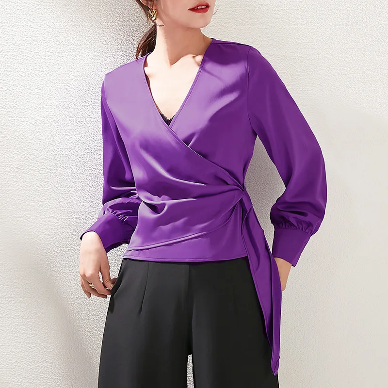 

2020 Office Lady Tunic Wrap Top Solid Color V Neck Satins Silk Blouse Shirt Long Sleeve Womens Tops And Blouses