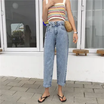 

High Waist Boyfriends Jeans Sashes Vintage Casual Denim Pants With Belt Maxi Ladies Loose Ripped Jeans