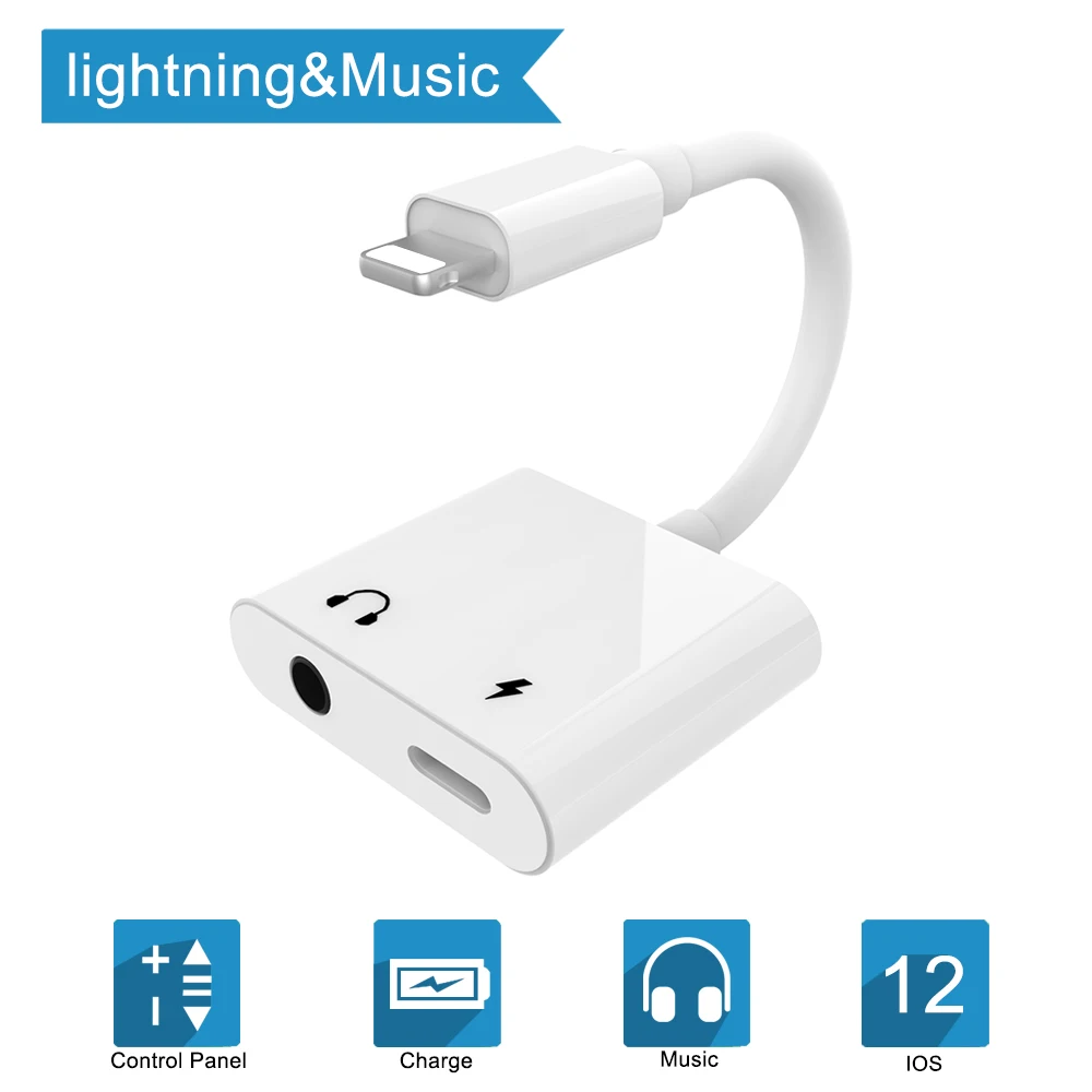 2 в 1 для перехода от разъема Lightning к 3,5 мм Aux аудио разъем для наушников адаптер переменного тока, для Lightning/аудио кабель для зарядки для iPhone X/XS/XR/8/7/6/iPad Pro