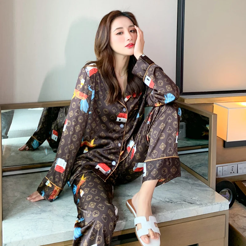 Women's Pajamas Set Poker Pattern Sleepwear Female Brown Color