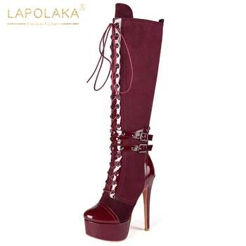

Lapolaka 2020 Hot Sale Plus Size 47 Platform Shoes Woman Boots Lace Up Thin High Heels Buckle Decoration Fetish Shoes Ladies