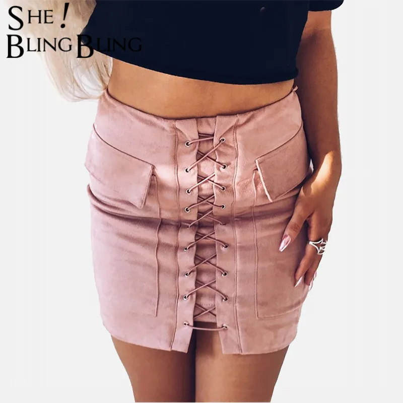 SheBlingBling осень зима искусственная замша Женская мини юбка на шнуровке карманы на молнии, с завышенной талией СПЛИТ тонкий женский карандаш юбки