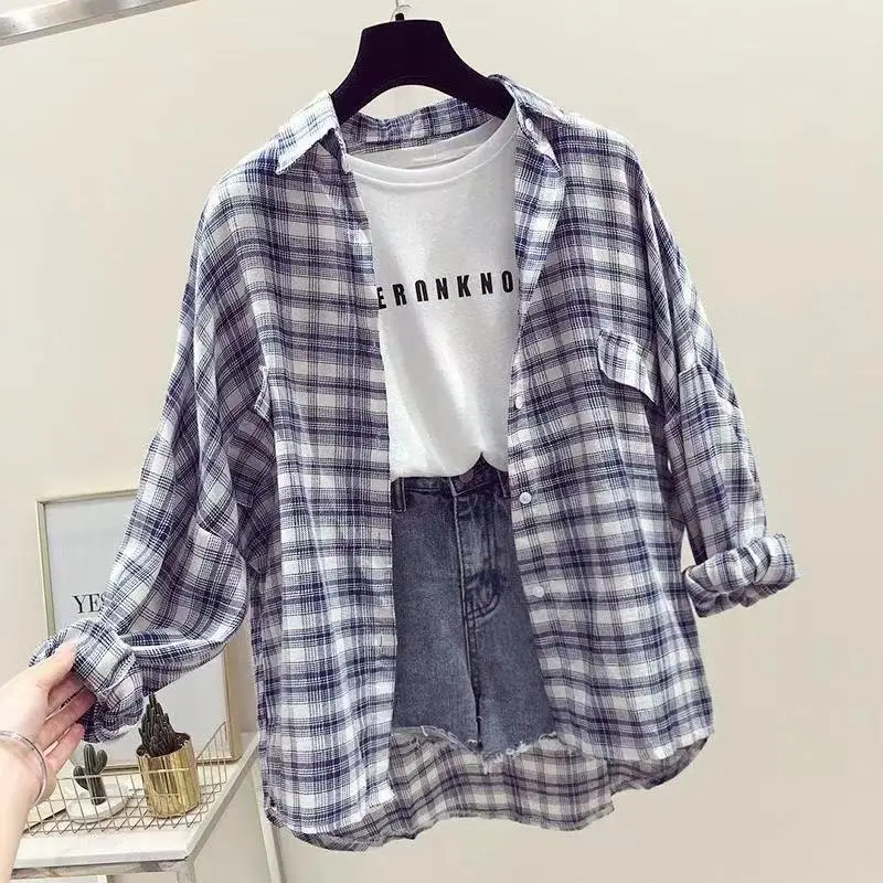 Women'S Plaid Shirt Spring Autumn Street Polo Vintage Oversized New Flannel Boyfriend Tunic For Female Cotton Grid Casual Tops | Женская
