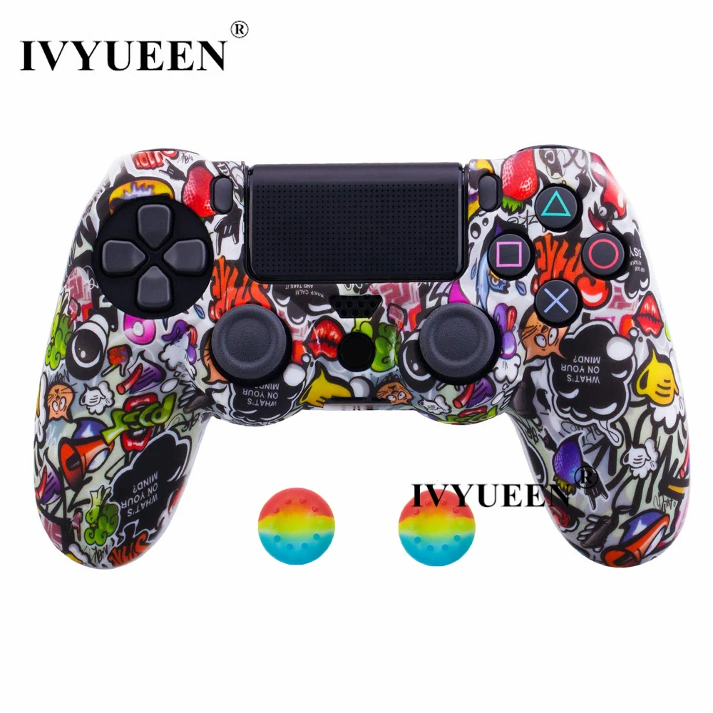 Силиконовый Камуфляжный защитный чехол IVYUEEN для sony Dualshock 4 PS4 DS4 Pro, тонкий контроллер, палочки для большого пальца, ручки, колпачки - Цвет: Graffiti F