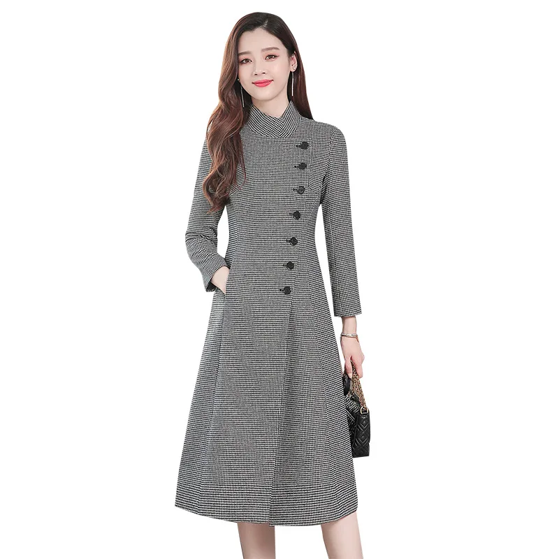 

Autumn and Winter new women's houndstooth woolen coat long sleeve single breasted parkas Slim large size woolen outwear