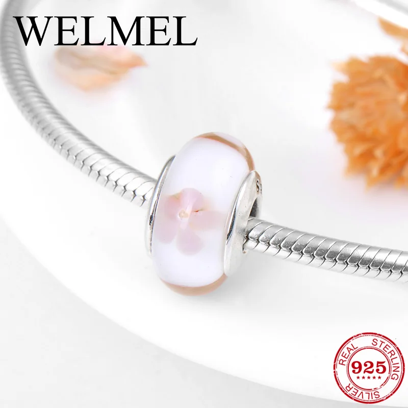 

New 925 Sterling Silver pink flower clear fine Murano Glass Beads Fit Original Pandora Charms Bracelet Jewelry making