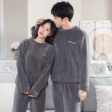 Autumn Winter Gray Thick Coral Fleece Couple Pajamas 2Piece Set Loose Warm Men's Homewear Long Sleeve Women Sleepwear With Pants