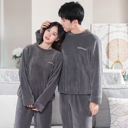 Autumn Winter Gray Thick Coral Fleece Couple Pajamas 2Piece Set Loose Warm Men's Homewear Long Sleeve Women Sleepwear With Pants