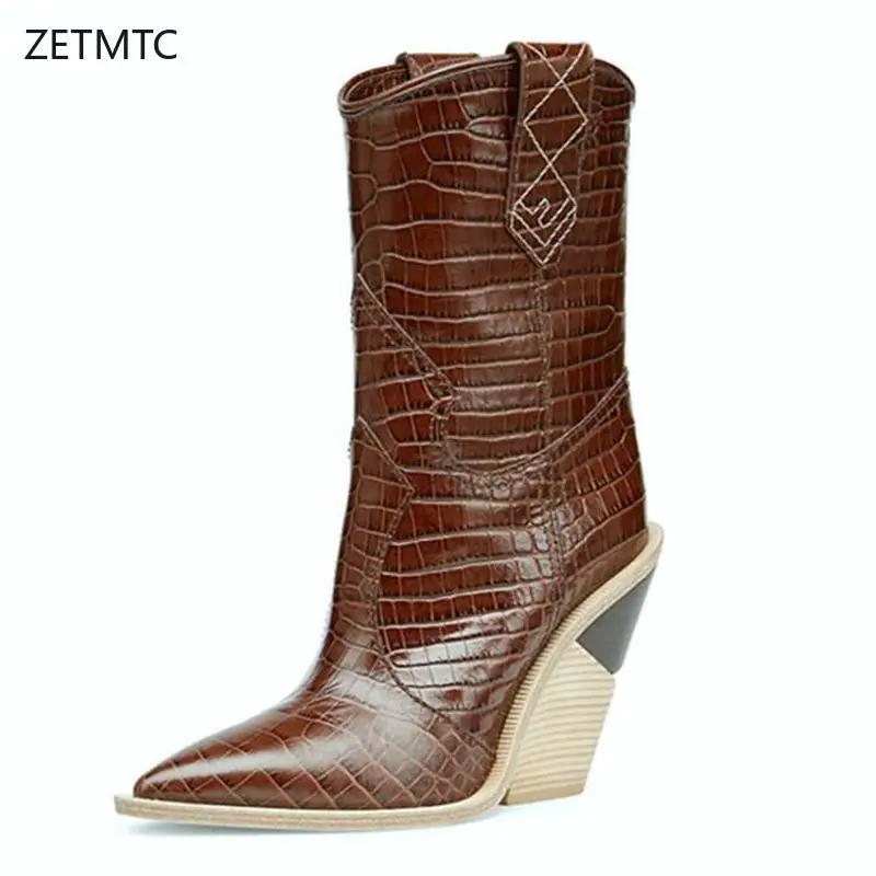 

woman winter boots 2019 Mid-Calf Western Pointed Toe High heel 10cm Wedges booties Short Plush australian cowboy female shoes