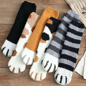 

1 Pair Women Warm Winter Socks Cute Cat Paw Print Thick Fluffy Fleeces for Girls Girlfriend Home Floor Slipper Socks Loungewear